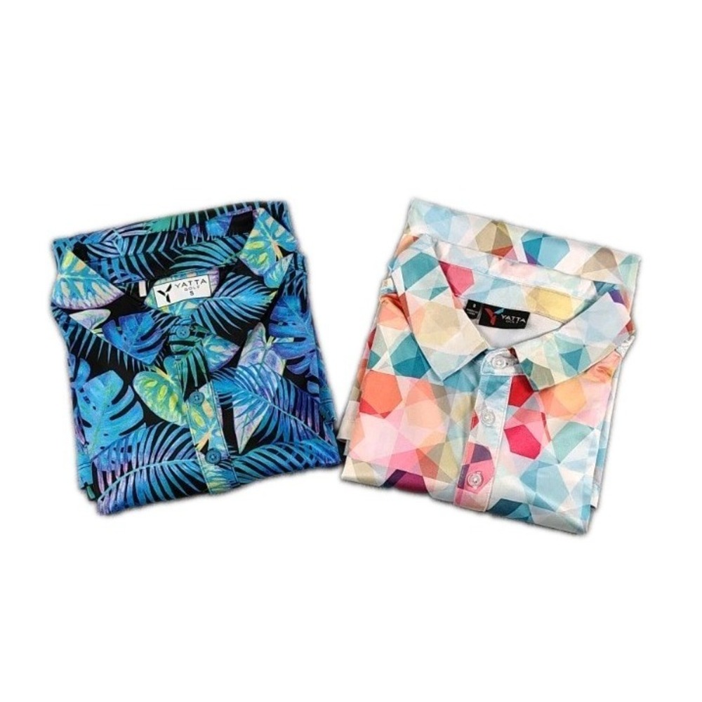 2 Lot Yatta Performance AOP Geometric/Palm Leaf Stretch Polo Short Mens Small